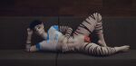  anthro balls barefoot black_hair black_stripes bludergat99 bottomless bottomless_male clothed clothing crop_top feet felid genitals hair leone_(bludergat99) lying male mammal pantherine penis relaxing shirt solo stripes tiger topwear white_body 