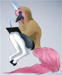  2022 anthro clothed clothing cloven_hooves digital_media_(artwork) drawing_tablet equid equine eyebrows eyelashes facial_markings female fluffymare hair head_markings heterochromia hi_res hoodie hooves horn looking_down magic_user mammal mane markings multicolored_body pink_hair pink_mane pink_tail raeni simple_background sitting solo tablet_pen topwear two_tone_body underwear unicorn 