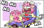  5_fingers 5_toes amy_rose anthro barefoot big_feet bodily_fluids clothed clothing eulipotyphlan feet female fingers hedgehog hi_res humanoid_feet laugh mammal plantigrade restraints sega sitting soles sonic_the_hedgehog_(series) tears tickle_torture tickling tickling_feet tickling_machine toe_wiggle toes yourhardnerdcollector 