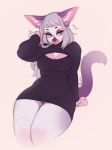  &lt;3 2022 anthro breasts buxbi cleavage cleavage_cutout clothed clothing domestic_cat ear_piercing eyebrows facial_piercing felid feline felis female fingers fur gauged_ear genitals grey_hair hair half-closed_eyes lindy_(buxbi) lip_piercing long_hair looking_at_viewer mammal multicolored_body multicolored_fur narrowed_eyes nipple_outline piercing pink_body pupils purple_body purple_eyes purple_fur pussy signature slit_pupils solo sweater text thick_thighs topwear white_body white_fur 