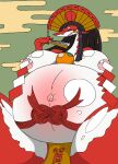  2020 anthro areola asian_clothing belly big_belly big_breasts black_clothing black_hair blush blush_lines breasts claws clothing cloud east_asian_clothing female food fruit hage hair hi_res holding_object huge_breasts huge_hips huge_thighs hyper hyper_belly japanese_clothing japanese_text kagami_mochi multicolored_body navel open_mouth orange_eyes orange_fruit outie_navel pink_areola plant pregnant pregnant_female red_body red_clothing reptile scalie snake solo text thick_thighs two_tone_body white_body yellow_clothing 