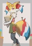  2022 anthro apron bottomwear bouquet braixen chest_tuft clothing ear_piercing female florist flower flower_bouquet fluffy fluffy_tail fur generation_6_pokemon heart_glasses heart_necklace hi_res highlights_(coloring) inner_ear_fluff isabel_(atomic417) looking_at_viewer loose_socks mxlovegopdng nintendo piercing plant pokemon pokemon_(species) purple_eyes shorts simple_background smile smiling_at_viewer solo topwear tuft vest white_background yellow_body yellow_fur 