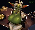  areola areola_slip big_breasts breasts cleavage clothed clothing coin eyewear female gem glasses gobbocks goblin gold_(metal) gold_coin green_body hi_res high-angle_view huge_breasts humanoid humanoid_pointy_ears jewelry mature_female necklace not_furry sitting skimpy_dress solo thick_thighs wide_hips 