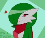  &lt;3 2021 :&lt; blush blush_lines bust_portrait female gardevoir generation_3_pokemon green_background green_hair hair hair_over_eye hi_res humanoid looking_at_viewer nintendo not_furry one_eye_obstructed pokemon pokemon_(species) portrait red_eyes scarf servedwithsalsa signature simple_background solo 