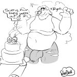  anthro birthday birthday_cake bodily_fluids bulge cake canid canine canis chubby_male clothing cum dessert domestic_dog erect_nipples facial_hair folded_ears food genital_fluids growth hi_res leaking_cum magic male mammal manly moobs mustache nipples slightly_chubby solo solo_focus stretching surprise torn_clothing weight_gain 
