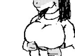  animated anthro big_breasts black_and_white bouncing_breasts breasts clothed clothing clothing_lift dragon female flashing flipnote_studio hair jezzlen loop low_res monochrome multicolored_body nipples piercing scalie short_playtime simple_background smile solo two_tone_body 