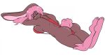  2016 4_toes anthro big_breasts bikini breasts brown_body brown_fur butt clothed clothing eyes_closed feet feet_up female fur generation_4_pokemon hair hindpaw lopunny lying nintendo on_front paws pink_hair pink_nose pokemon pokemon_(species) pokemorph shiny_pokemon skidd skimpy sling_bikini smile solo survival_of_the_fittest swimwear tiffany_harkick toes 