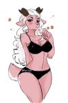  anthro black_bra black_clothing black_panties black_underwear blue_eyes blush bovid bra caprine clothed clothing female flower fumonpaw fur hair looking_at_viewer mammal panties pink_body pink_fur pink_wool plant sheep solo terra_abani underwear underwear_only white_hair wool_(fur) 