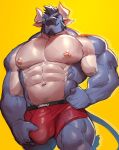  abs anthro biceps big_muscles big_penis blue_body blue_skin bovid bovine bulge cattle clothing countershade_torso countershading front_view genital_outline genitals hi_res horn huge_muscles huge_penis male mammal muscular muscular_male nipples pecs penis penis_outline quads red_clothing red_underwear simple_background solo underwear vorusuarts yellow_background 