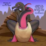  ambiguous_gender blush butt clothed clothing crouching dialogue diaper diaper_fetish diaper_only digital_media_(artwork) english_text feces full_diaper generation_7_pokemon hi_res looking_at_viewer looking_back messy messy_diaper milotreasure nintendo open_mouth pokemon pokemon_(species) raised_tail rear_view reptile salazzle scalie scat smile soiled soiled_diaper soiling solo text topless 
