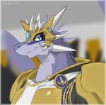  2019 anthro armor biped colored crown dragon green_eyes horn king looking_at_viewer male royalty scalie signature smile solo symbol western_dragon yellow_armor zerofox1000 