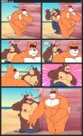  2022 absurd_res anthro balls barely_visible_balls barely_visible_genitalia bear belly big_belly blush brown_body cade_(the_human_heart) canid canine canis clothing comic detailed_background domestic_dog duo genitals hi_res humanoid_hands leonthelionel male mammal moobs musclegut nipples orange_body outside overalls overweight overweight_male rorik_(the_human_heart) surprise the_human_heart_(game) visual_novel 