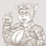  anthro beverage big_breasts bigposs bodily_fluids breasts button_pop cleavage clothed clothing container cup didelphid female flannel flannel_shirt hi_res mammal marsupial milkshake monochrome overweight overweight_female solo sweat sweatdrop wardrobe_malfunction 