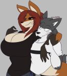  2021 5_fingers anthro arm_around_partner big_breasts black_body black_clothing black_fur black_sclera black_shirt black_topwear breasts canid canine canis cleavage clothed clothing dew_(dewwydarts) dewwydarts duo female fingers fox fur gesture gloves_(marking) grey_background grey_hair hair huge_breasts looking_at_another maddie_(dewwydarts) male male/female mammal markings multicolored_body multicolored_fur orange_body orange_fur red_hair shirt simple_background smile thumbs_up topwear two_tone_body two_tone_fur white_clothing white_shirt white_topwear wolf yellow_eyes 