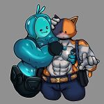  2022 abs anthro belt big_muscles blue_body blush bottomwear calico_cat clothed clothing domestic_cat duo epic_games felid feline felis fingerless_gloves fortnite glistening glistening_body gloves goo_creature goo_humanoid grey_background handwear hi_res humanoid male male/male mammal meowscles mottled muscular muscular_male open_mouth pants pec_grab pec_grasp pecs piebald rippley_(fortnite) simple_background sketchylimesliv smile suspenders topless 