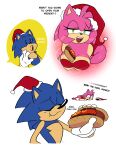  absurd_res amy_rose anthro between_breasts breasts chili_dog christmas christmas_clothing christmas_headwear cleavage clothed clothing dialogue duo eating english_text eulipotyphlan female food hat headgear headwear hedgehog hi_res holidays hot_dog leaning leaning_forward lying male male/female mammal monamania on_front santa_hat sega sonic_the_hedgehog sonic_the_hedgehog_(series) text 