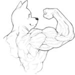  2022 ambiguous_gender anthro back_muscles bent_arm biceps big_muscles blush blush_lines canid canine canis closed_smile clothed clothing digital_media_(artwork) domestic_dog eyelashes fist flexing flexing_bicep glistening glistening_eyes glistening_nose half-length_portrait hi_res huge_muscles mammal monochrome mouth_closed muscular muscular_ambiguous muscular_anthro muscular_arms obleacream portrait prick_ears rear_view smile solo thick_neck topless topless_ambiguous topless_anthro 