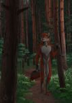  2022 4_toes 5_fingers anthro canid canine day detailed_background digital_media_(artwork) digitigrade feet fingers forest fox fur grass hair hi_res kero_tzuki male mammal outside plant red_body red_fur red_hair solo toes tree white_body white_fur 