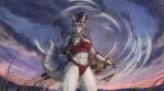  2022 abs anthro breasts canid canine canis clothed clothing day detailed_background digital_media_(artwork) female fur hair hi_res holding_object holding_sword holding_weapon mammal melee_weapon moon-s outside sky solo sword weapon wolf 
