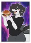  &lt;3 &lt;3_eyes 2022 anthro black_clothing black_hair black_shirt black_topwear bottomwear breasts burger cheek_tuft clothed clothing colored digital_media_(artwork) facial_tuft fangs female flat_colors food fryaz_(f-r95) fully_clothed fur green_eyes grey_bottomwear grey_clothing grey_pants hair hi_res kyotoleopard open_mouth pants portrait shirt short_hair solo teeth three-quarter_portrait tongue topwear tuft unknown_species white_body white_fur 
