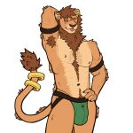  1:1 abs absurd_res anthro armpit_hair athletic athletic_anthro athletic_male blep blush body_hair brown_body brown_fur brown_hair bulge chest_hair chest_tuft claws clothed clothing ear_piercing felid flexing fur green_eyes hair happy_trail hi_res jockstrap lion looking_at_viewer male mammal mane multicolored_body muscular muscular_anthro muscular_male navel nipples one_eye_closed pantherine picantetortuga piercing pubes ring simple_background smile solo sweatband tail_tuft tongue tongue_out tuft underwear wink winking_at_viewer 