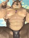  abs anthro brown_body brown_fur bulge canid canine canis clothing domestic_dog fur hi_res jewelry lifewonders live_a_hero male mammal muscular muscular_anthro muscular_male necklace nipples pecs pubraseer salz_sop solo speedo swimwear 