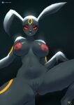  absurd_res anthro big_breasts big_ears big_eyes black_background black_body black_fur breasts crotch_tuft eeveelution female fur generation_2_pokemon genitals glowing glowing_eyes hi_res kneeling looking_at_viewer nintendo nipples pink_pussy pokemon pokemon_(species) pubes pubic_mound pussy red_nipples red_sclera simple_background small_waist solo spread_legs spreading teeth_showing thick_thighs tuft umbraunderscore umbreon wide_hips 