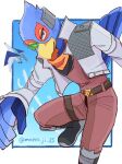  aircraft airplane anthro arwing avian beak bird blue_body clothing falco_lombardi hi_res jacket male mono_ji_u nintendo scarf solo star_fox topwear 