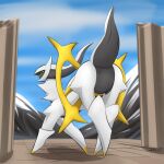  1:1 2022 ambiguous_gender arceus butt column crossed_legs day detailed_background feral generation_4_pokemon jellli legendary_pokemon looking_back low-angle_view mountain nintendo outside pokemon pokemon_(species) presenting presenting_hindquarters raised_tail shaded solo standing 