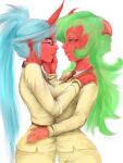  2013 3:4 blue_hair blush demon demon_humanoid duo female female/female finger_in_mouth green_hair hair hi_res horn horned_humanoid humanoid humanoid_pointy_ears incest_(lore) kneesocks_daemon nabesiki not_furry panty_and_stocking_with_garterbelt ponytail red_body red_skin scanty_daemon sibling sister sisters 