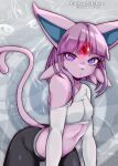  2022 anthro artist_name bangs big_ears black_bottomwear black_clothing blunt_bangs bottomwear breasts clothed clothing coffeechicken crop_top eeveelution espeon eyelashes female forehead_gem forked_tail fully_clothed furgonomics generation_2_pokemon hair hi_res looking_at_viewer medium_breasts midriff navel nintendo off_shoulder pink_body pink_tail pokemon pokemon_(species) purple_eyes purple_hair shirt side_bangs solo tail_clothing topwear unusual_anatomy unusual_tail white_clothing white_crop_top white_topwear 