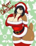  2021 anthro armwear belt belt_buckle big_breasts black_hair blue_eyes blush breasts brown_body brown_fur christmas christmas_background christmas_clothing christmas_headwear cleavage clothed clothing dewwydarts elbow_gloves english_text female fingerless_elbow_gloves fingerless_gloves fur gloves hair handwear hat headgear headwear hi_res highlights_(coloring) holidays legwear mammal multicolored_hair mustelid otter red_armwear red_clothing red_elbow_gloves red_gloves red_handwear red_highlights rino_(dewwydarts) santa_hat solo standing text thick_thighs thigh_highs two_tone_hair wide_hips 