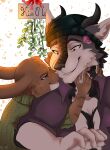  anthro beanie canid canine canis clothing duo grin hat headgear headwear hi_res horn jake_thumpings kidaoriginal lagomorph legend_of_ahya leporid liam_mchowl male male/male mammal mistletoe mistletoe_bow plant rabbit size_difference smile sweater teasing topwear wolf 