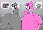  &lt;3 &lt;3_eyes anthro axel_(rexon02) backsack balls big_butt blush bubbles_(rexon02) butt dialogue duo english_text genitals girly grey_body hi_res horn male mammal mouse murid murine penis pink_body presenting presenting_hindquarters rexon02 rodent speech_bubble text 