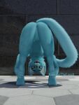  3d_(artwork) anthro anus bananastheleech bent_over blue_body blue_fur digital_media_(artwork) felid female flat_chested fur genitals happy hi_res holding_both_ankles holding_both_legs inner_ear_fluff kraft_trio mammal nude outside public public_exposure public_nudity pussy smile solo tail_aside tuft white_inner_ear_fluff wide_eyed 