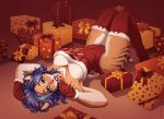  2022 anthro biped blue_eyes blue_hair blush bow_ribbon breasts candy candy_cane candy_cane_in_mouth christmas christmas_clothing christmas_present claws cleavage clothed clothing clothing_bow countershade_face countershade_fur countershade_thighs countershade_torso countershading dessert digital_media_(artwork) felid female food footwear fur gloves hair handwear hi_res hindpaw holding_candy_cane holidays legwear looking_at_viewer lying mammal markings mitzi_(onomari) on_back onomari orange_body orange_fur pantherine pawpads paws pink_tongue pinup pose red_clothing red_footwear red_gloves red_handwear red_legwear red_socks red_thigh_highs red_thigh_socks shaded socks solo striped_markings stripes thigh_highs thigh_socks tiger toe_claws tongue tongue_out white_body white_countershading white_fur 