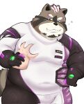  &lt;3 2022 anthro belly big_belly disembodied_hand duo eyewear glasses grey_body gumpang0 hi_res humanoid_hands kemono lifewonders live_a_hero male mammal moob_grab overweight overweight_male procyonid raccoon solo_focus viscunam 