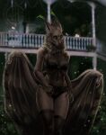  2022 anthro artist_logo artist_name black_bra black_clothing black_legwear black_panties black_underwear blue_eyes blurred_background bra brown_body brown_fur brown_inner_ear_fluff brown_wings cheek_tuft clothed clothing dragon ear_tuft facial_tuft female fur furred_dragon furred_wings green_markings head_tuft hi_res himeragoldtail inner_ear_fluff legwear lingerie logo looking_at_viewer markings membrane_(anatomy) membranous_wings navel neck_tuft outside panties plant portrait shoulder_tuft shrub skimpy solo standing three-quarter_portrait tuft underwear wing_claws wings 