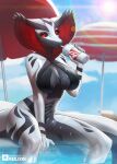  2022 anthro beach_umbrella big_breasts black_body black_sclera breasts cleavage clothed clothing cobra container cup disposable_cup drinking feet_in_water female grey_body hi_res looking_at_viewer multicolored_body not_furry pool red_eyes reilixin reptile scalie sitting smile snake solo straw_in_mouth sun wet 