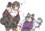  2022 anthro belly biped blush clothing duo grey_body hoodie kemono lifewonders live_a_hero male mammal overweight overweight_male procyonid raccoon sabita_kan topwear viscunam 