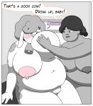  absurd_res anthro border bovid bovine cattle cowgirl_(disambiguation) duo english_text expansion female growth hi_res mammal nipples overweight overweight_anthro overweight_female plus_size self_suckle slightly_chubby text weight_gain white_border 