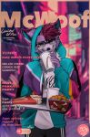  2022 angiewolf anthro beverage canid canine chicken_meat clothed clothing cover english_text food food_tray holding_beverage holding_object hood_up hoodie magazine_cover male mammal mcdonald&#039;s meat solo square_glasses standing text topwear track_pants 