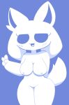  :3 anthro biped blue_and_white blue_background blush breasts clyde_(discord) discord_(app) female fur genitals gesture mammal medium_breasts monochrome navel nude open_:3 open_mouth pussy semi-auto simple_background solo standing thick_thighs unknown_species v_sign white_body white_fur 