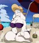  accessory anthro asgore_dreemurr beach beverage big_breasts bikini blush bone breasts clothing coconut drupe_(fruit) excited female flower flower_in_hair food fruit fur ghost_drawings group hair hair_accessory hat headgear headwear hi_res humanoid ketchup long_ears male male/female overweight plant popsicle sans_(undertale) seaside skeleton straw_hat sun swimming_trunks swimwear tail_motion tailwag tent toriel trio umbrella undertale_(series) water 