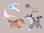  ambiguous_gender ambiguous_species blue_body brown_background brown_body brown_fur digging fangs feral fur grey_body grey_fur group hi_res labbit1337 pink_body sabertooth_(anatomy) simple_background smile striped_body striped_fur stripes teeth unknown_species 