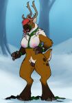  after_transformation anthro antlers bell bell_harness binturongboy blitzen breasts bridle brown_body brown_fur capreoline cloven_hooves deer female fingers fur genitals harness hi_res hooved_fingers hooves horn jingle_bell jingle_bell_harness mammal neck_tuft nipples nude open_mouth outside plant pussy reindeer snow solo spink_hair standing transformation tree tuft winter 