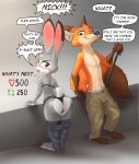  absurd_res anthro black_nose blush butt canid canine clothed clothing dialogue disney duo ear_blush english_text female fox fur green_eyes grey_body grey_fur hi_res judy_hopps lagomorph leporid lingerie link6432 male mammal navel nick_wilde open_mouth orange_body orange_fur pink_nose purple_eyes rabbit rear_view scut_tail short_tail simple_background smile text topless zootopia 