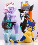  absurd_res animal_crossing ankha_(animal_crossing) anthro black_body blue_hair felid feline female female/female feral green_body green_hair group hair hi_res league_of_legends mammal midna nintendo orange_hair purple_body riot_games short_stack teemoty the_legend_of_zelda tristana_(lol) twilight_princess vex_(lol) white_hair yellow_body yordle 