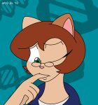  &copy; 2010 anthro bodily_fluids brown_hair clothed clothing digital_media_(artwork) domestic_cat eyewear felid feline felis female finger_in_mouth glasses green_eyes hair headshot_portrait janitor lizy_(satsumalord) mammal one_eye_closed portrait satsumalord solo symbol tears 