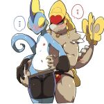  1:1 anthro assisted_undressing bodily_fluids bulge clothing duo generation_7_pokemon generation_8_pokemon hand_on_stomach inteleon kommo-o male male/male moesouna_gomi nintendo pokemon pokemon_(species) pulling_down_underwear sweat underwear undressing 